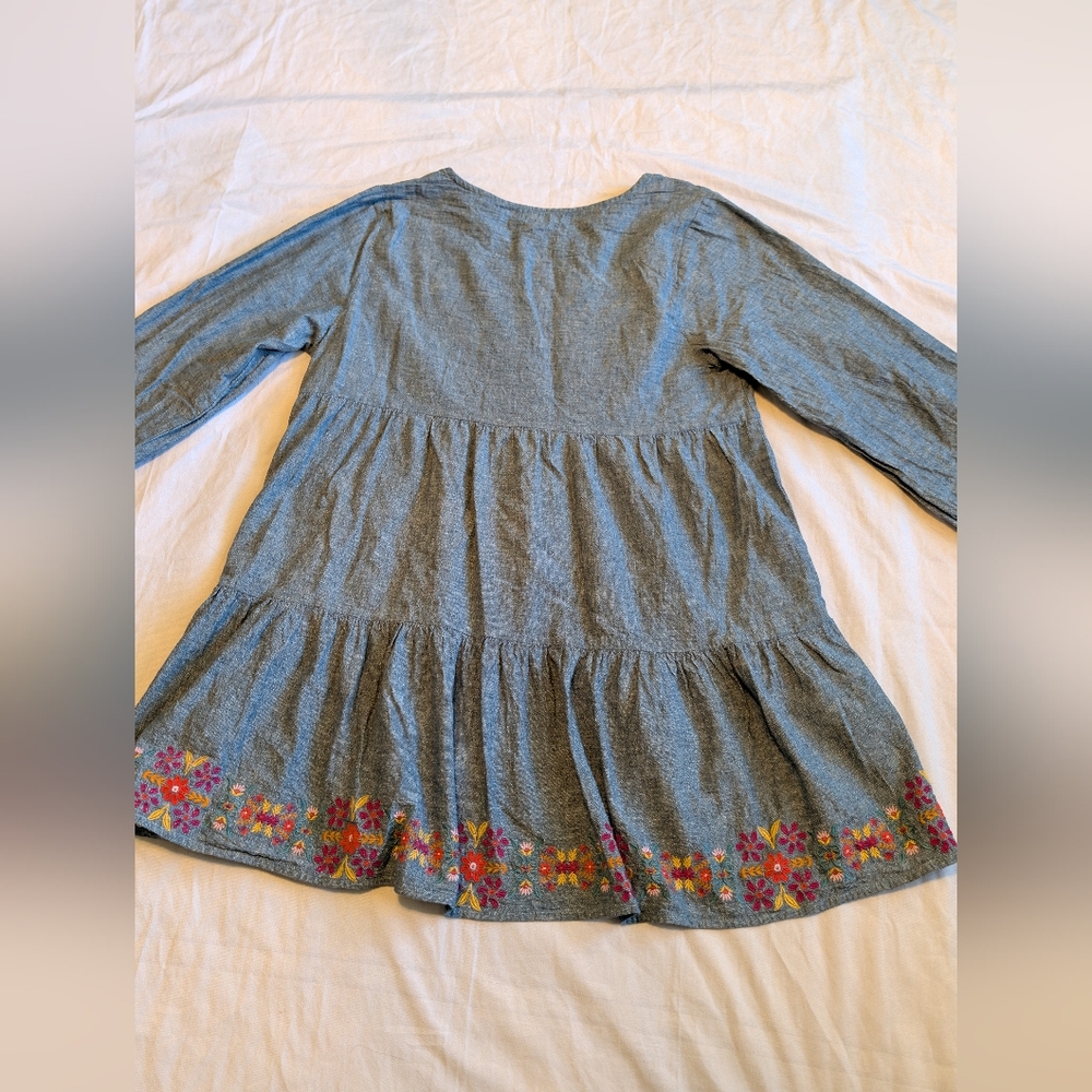 Natural Life Tiered  Chambray Linen Cotton Mini Dress Size L Embroidered - Picture 4 of 9